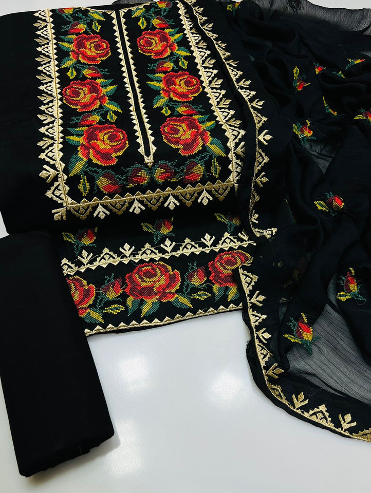 Special Cross Stich Aari Embroidery 3 Pcs Lawn Suit with Multani Khusa