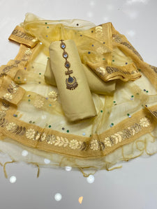 Indian Organza Pasting Gotta Mirror Four Border Dupatta Kattan Silk 3 Pcs Dress